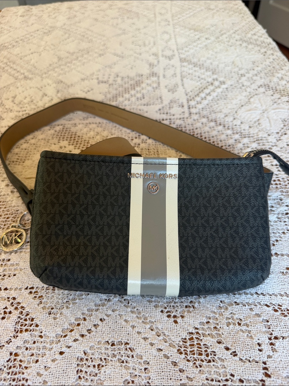 Michael Kors Black Signature Belt Bag with Gray and White Stripe